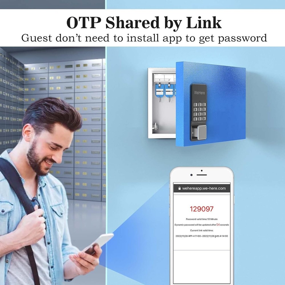 6 Key Lock Box Wall Mount, APP Bluetooth/OTP/Wi-Fi/Fixed Code/Key Unlock, Sma...