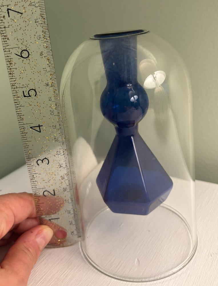 Bud vase? Blue glass inside clear dome
