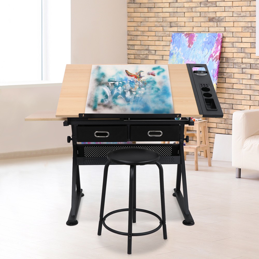 Drafting Drawing Table Craft Tiltable Tabletop with Stool & 2 Drawers to Study