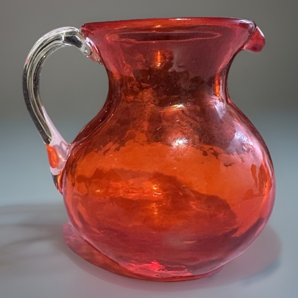 Ruby Red Handblown Crackle Glass Small Creamer Pitcher Applied Clear Handle 3.5”