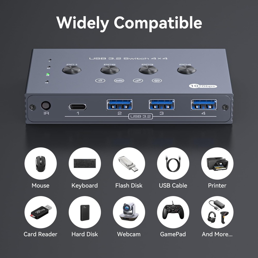 USB 3.2 Switch Selector 4 Computers Share 1 USBC & 3 USBA Devices 10Gbps 4 Po...