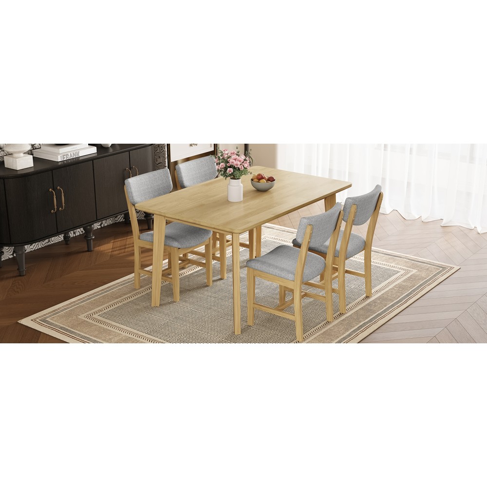 Rustic 5-Piece Dining Set - 1 Solid Wood Table + 4 Upholstered Chairs, Farmhouse