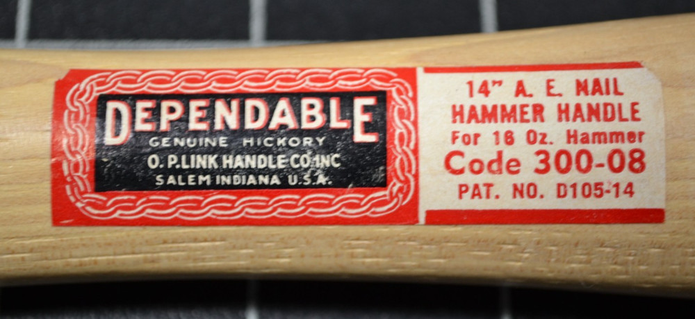 DEPENDABLE - O. P. LINK HANDLE CO - 14" A. E. NAIL HAMMER HANDLE - HICKORY - NOS