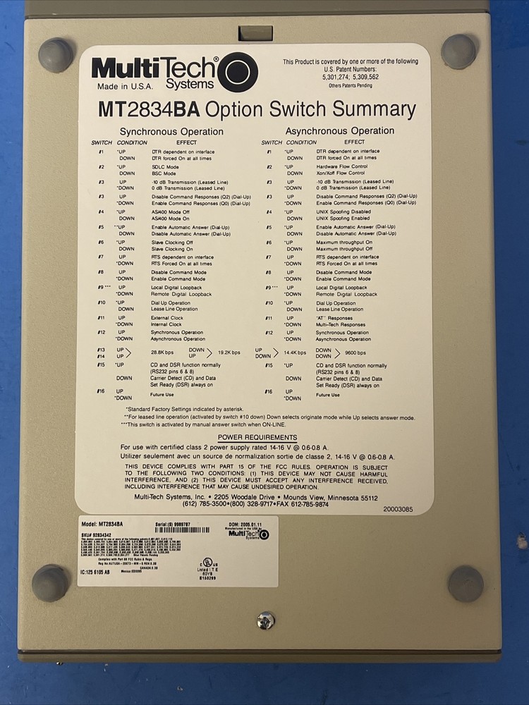 MultiTech MT2834BA MultiModem Data/Fax Modem 33.6KBPS INTELLIGENT MODEM