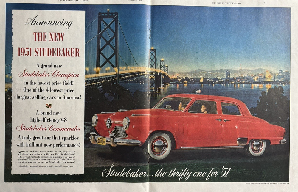 Studebaker Commander Automobile Champion High Efficiency V-8 VTG Print Ad 1951