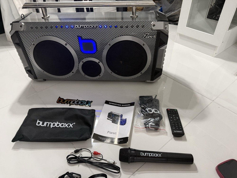 bumpboxx Flare8 Boombox Bluetooth USB Remote Microphone Aux Input Black Silver