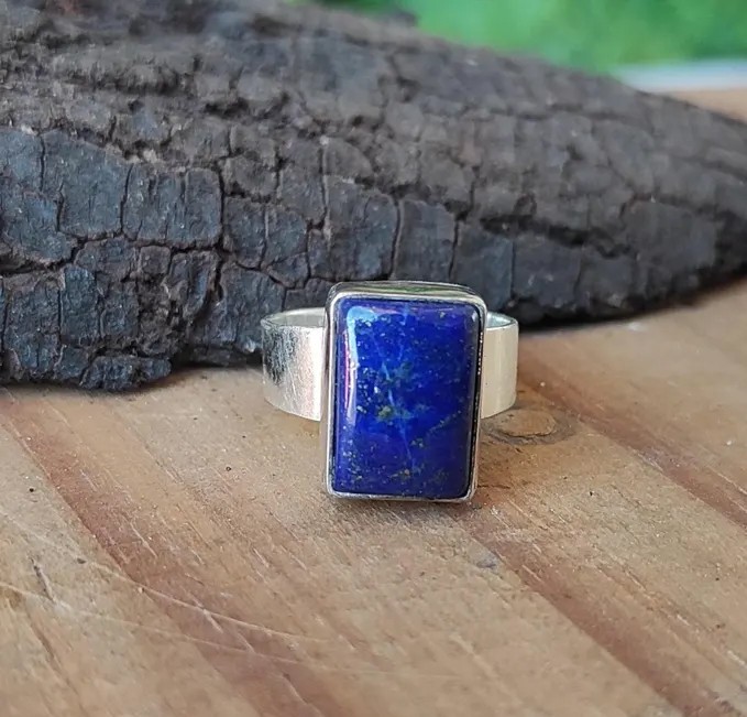 Solid 925 Sterling Silver Natural Lapis Lazuli Rectangle Gemstone Wide Band Ring