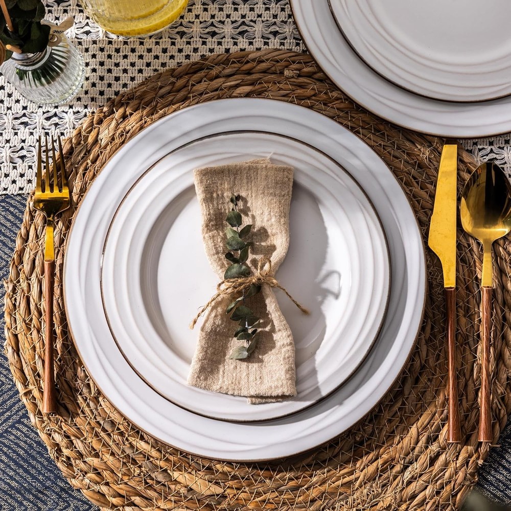 Ceramic Dinnerware Sets,18 pcs Embossed Elegant Stoneware Plates and Bowls Se...