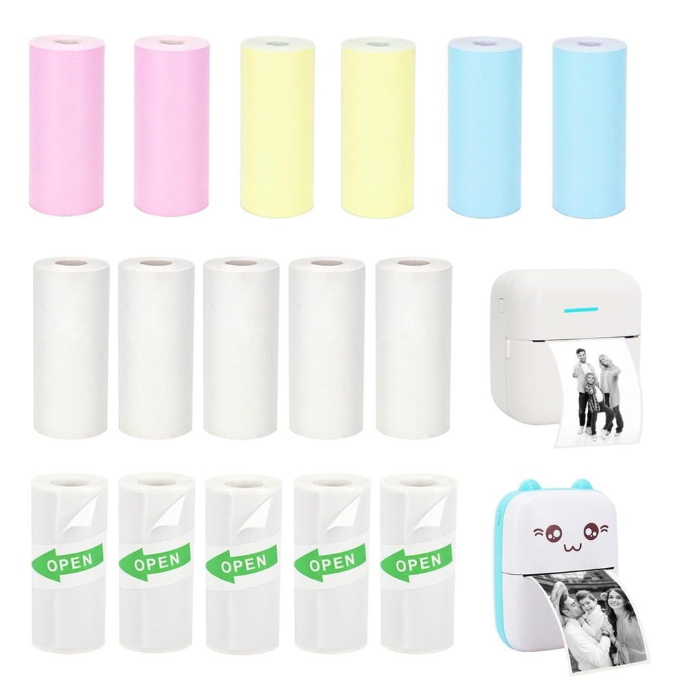 16 Rolls Mini Printer Paper, Including 5 White Sticker, 6 Colored Plain, and ...