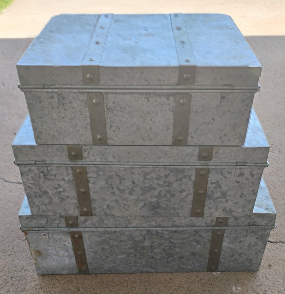 Galvanized 3pc Nesting Trunk Suitcase Lot Lockable Farm House Cottage Decor