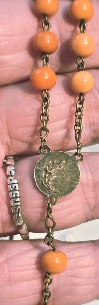 Antique French Rosary Real Angel Skin Coral Beads Silver Catholic Crucifix 22"