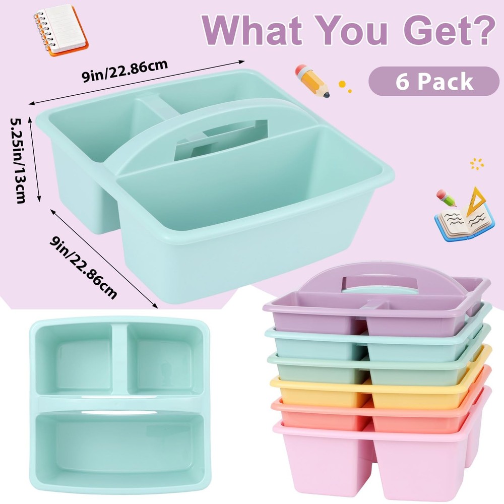 6 Pack Classroom Caddy with Handle Plastic Storage Caddy Organizer with 3 Com...