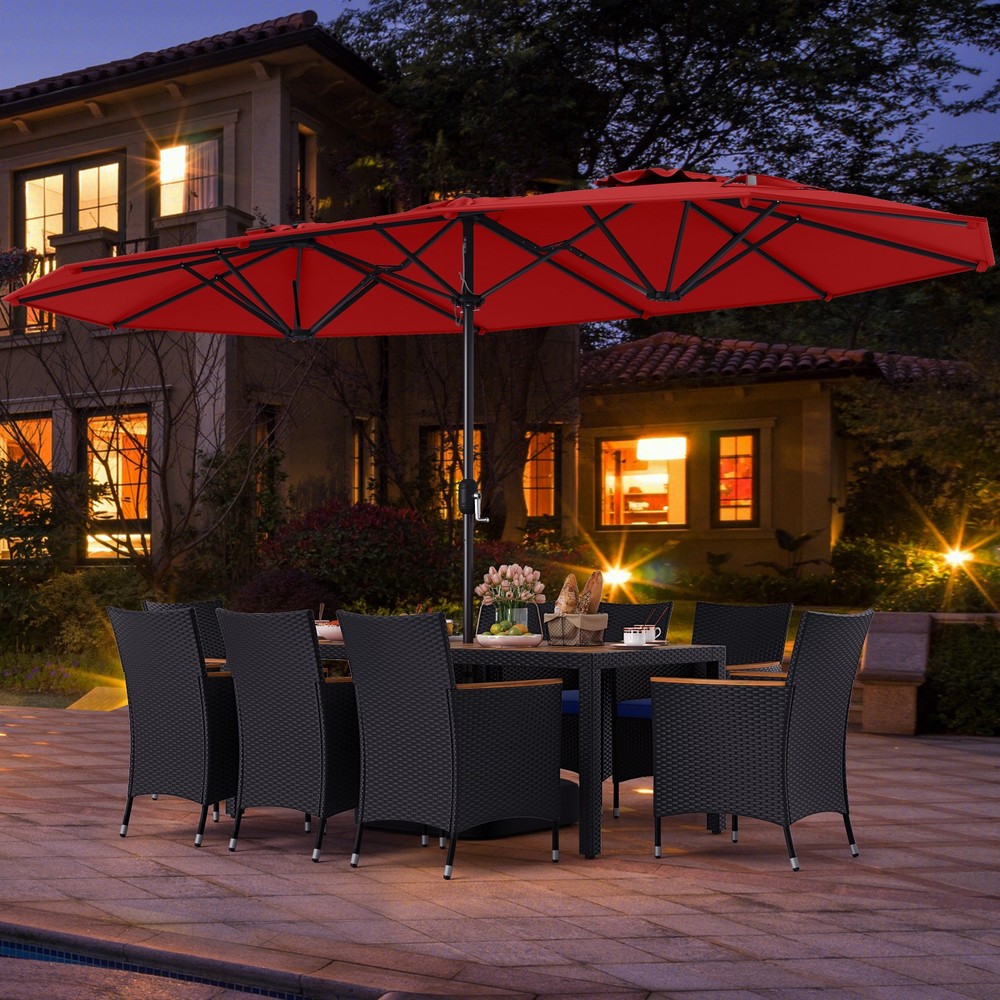 11 PCS Patio Wicker Dining Set w/Double-Sided Outdoor Umbrella 8 Stackable