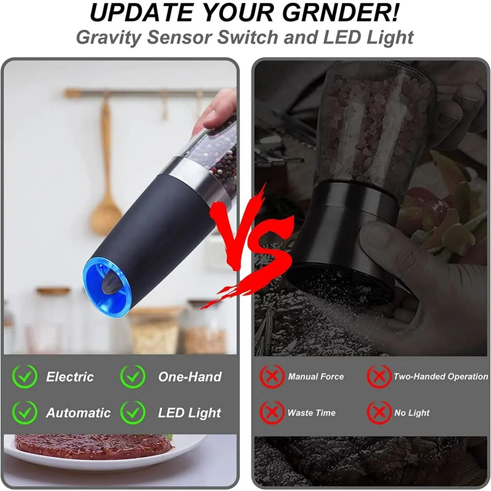 2 Pack Gravity Electric Salt and Pepper Grinder Mill Shaker Adjustable Automatic