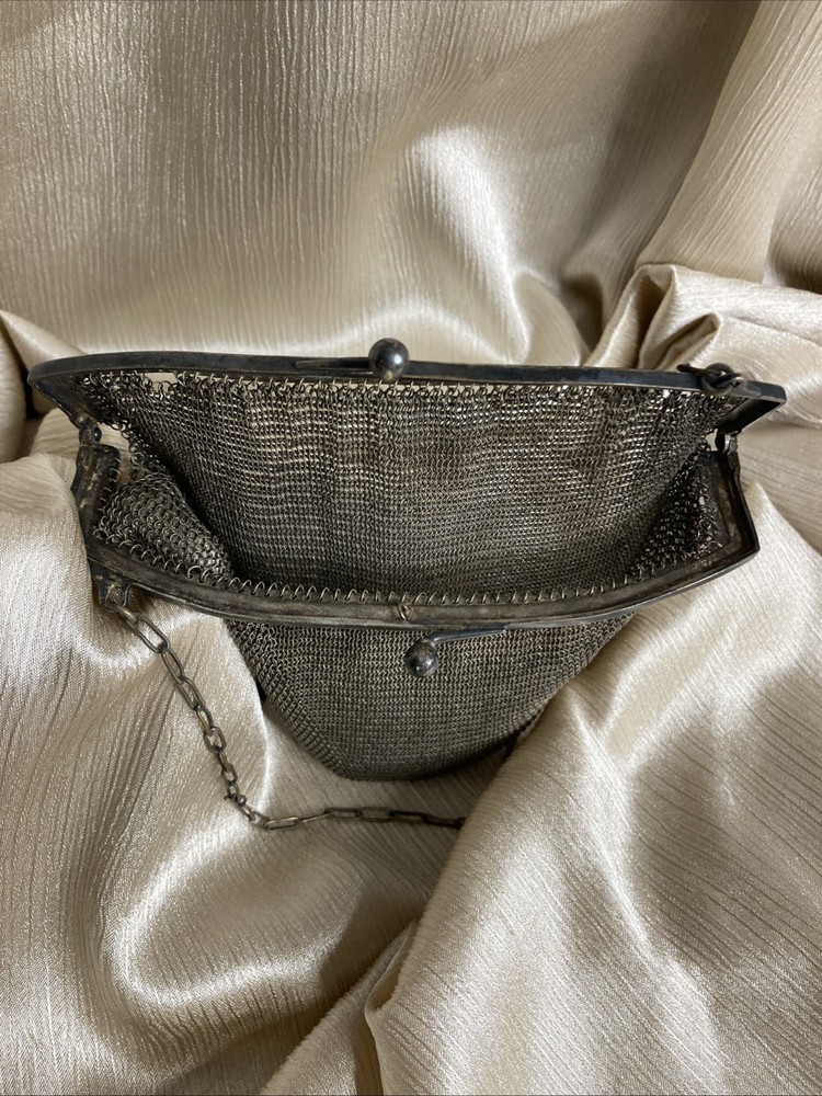 Antique German Silver Mesh Evening Bag W Intricate Scrollwork