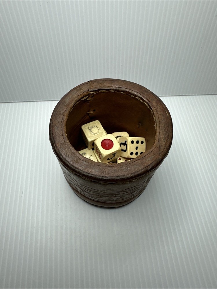 Vtg Leather Dice Cup & Spanish Poker Dice