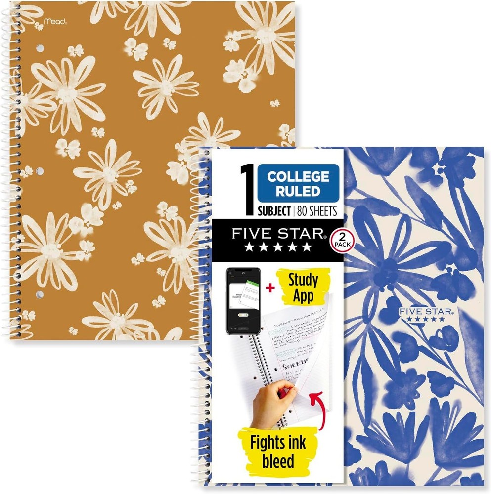 Five Star Spiral Notebooks + Study App, 2 Pack, 1 Subject, College Assorted