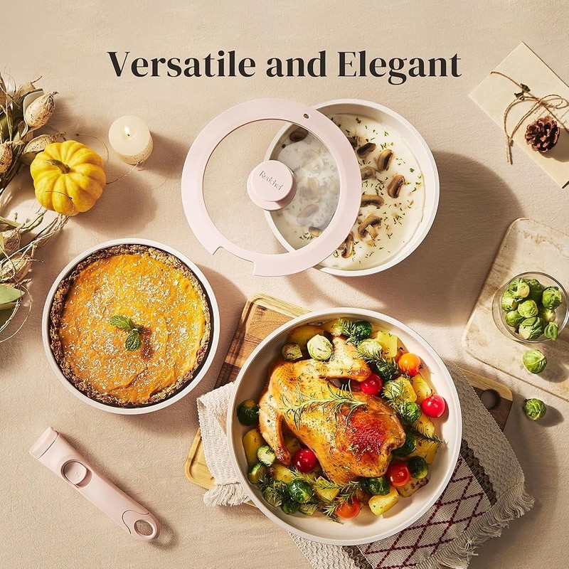 16pcs Nonstick Ceramic Cookware Set Stackable Oven Safe Removable Handle New