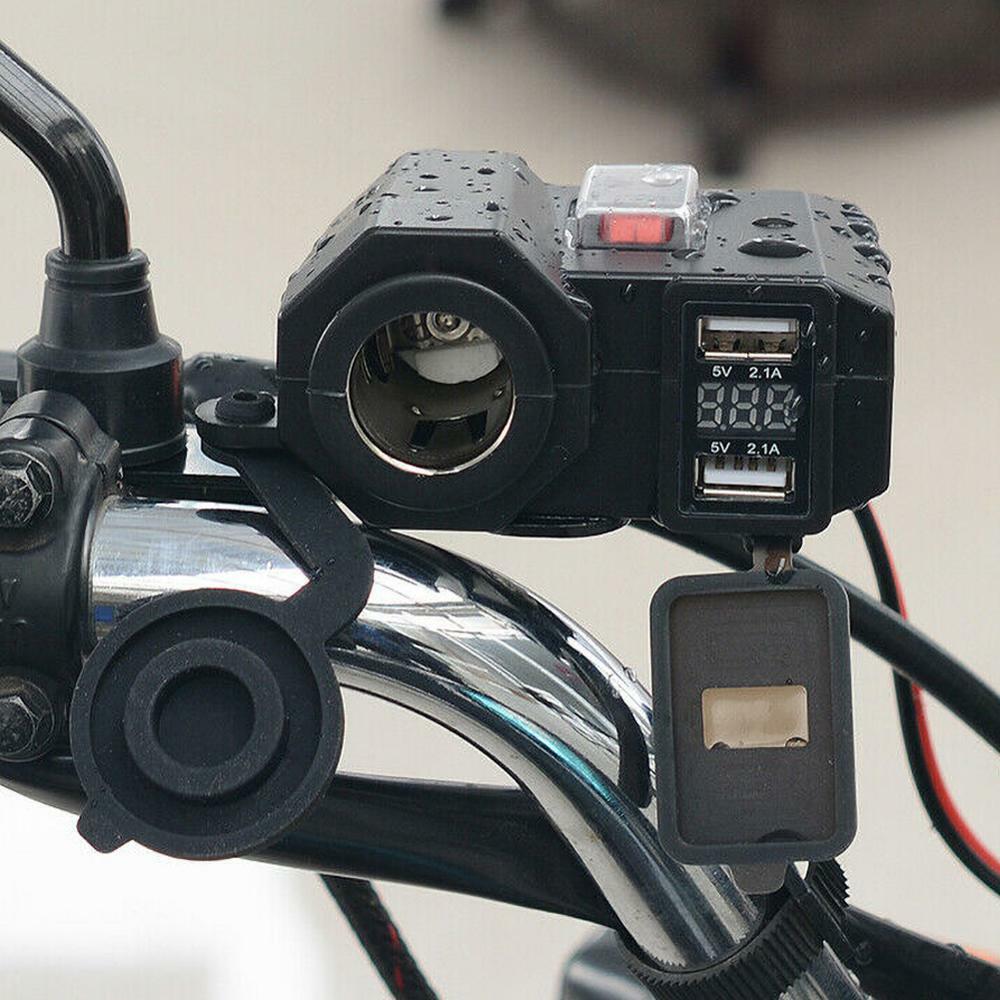 Motorcycle Handlebar Charger 12V 2 USB Port&Cigarette Lighter Socket Waterproof
