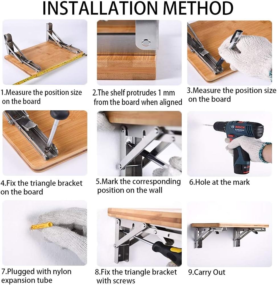 2Pcs 14" Folding Shelf Brackets Silver Wall Mount DIY Collapsible Shelf Use