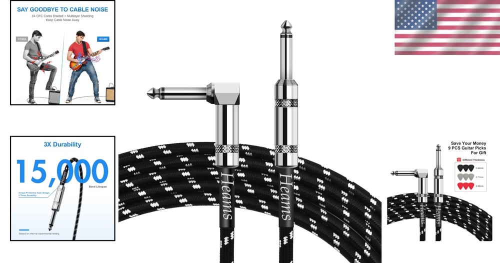 Noise-Free 10 FT Amp Cord - Ultimate Durability & Right Angle Compatibility