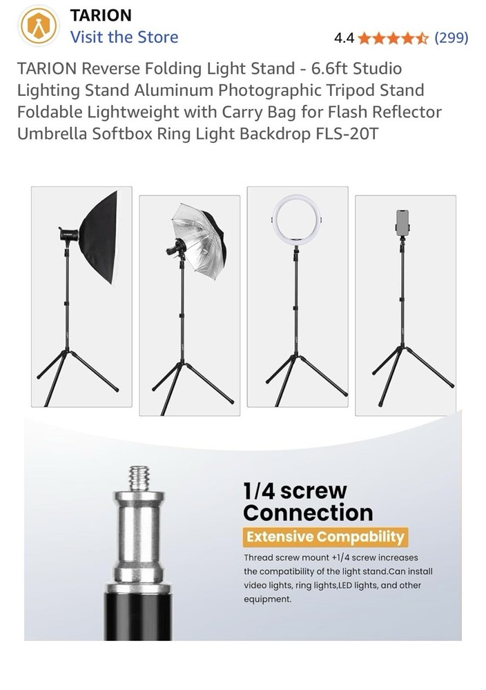 Tarion Reverse Folding Light Stand. 6.6 Ft Studio Light Stand