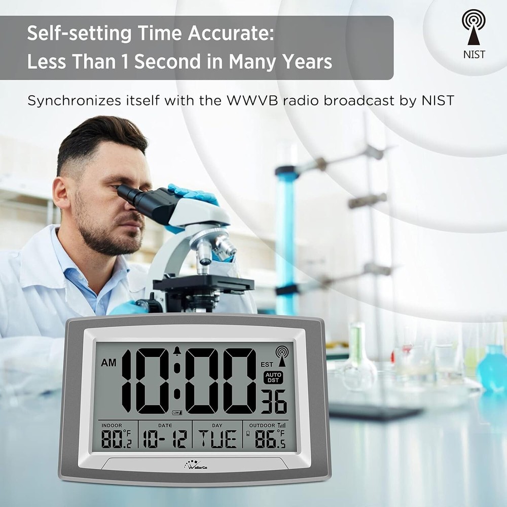 Atomic Clock with Indoor Outdoor Temperature, Self-Setting Digital Wall Clock