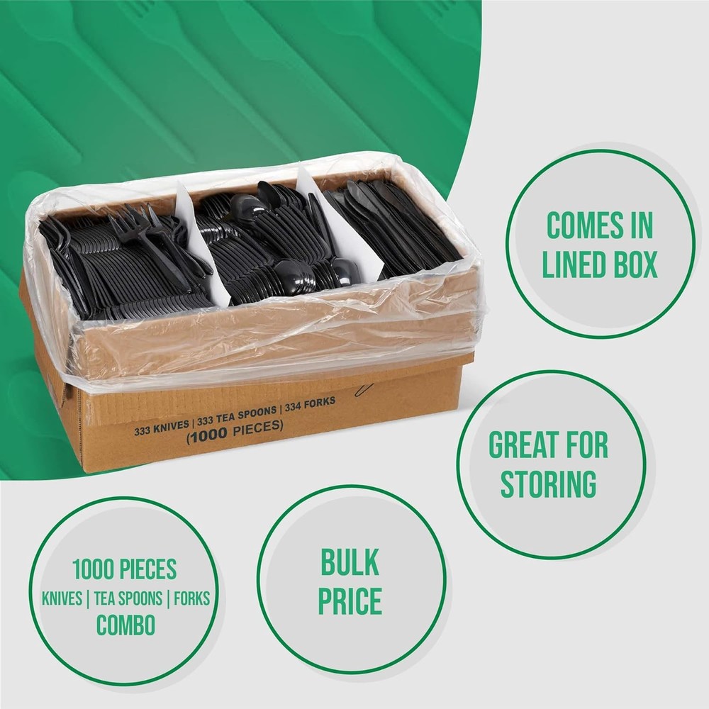 1,000 Plastic Disposable Cutlery Bulk Variety Pack Black Medium Weight Includes