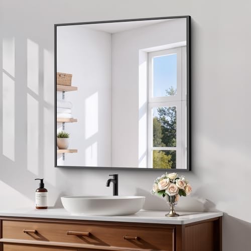 Black Framed Bathroom Mirror - Shatterproof Tempered 30"x20" Square-edged