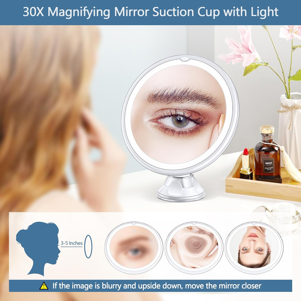 30X Lighted Magnifying Makeup Mirror with 3 Color Modes and Suction Cup