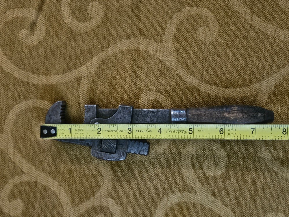 Vintage Stillson Pattern Adjustable Pipe Monkey Wrench USA Wood Handle