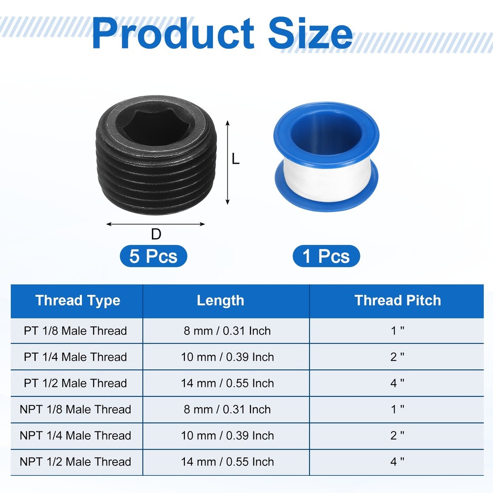 5Pcs PT 1/2 Carbon Steel Male Thread Internal Hex Pipe Plug Fitting Socket