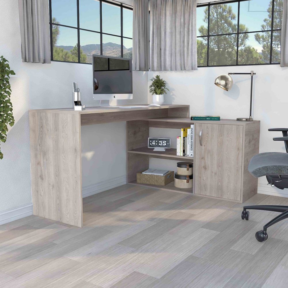 Corner L-Desk w/ Storage - Open & Closed Cabinets - Compact Computer Setup