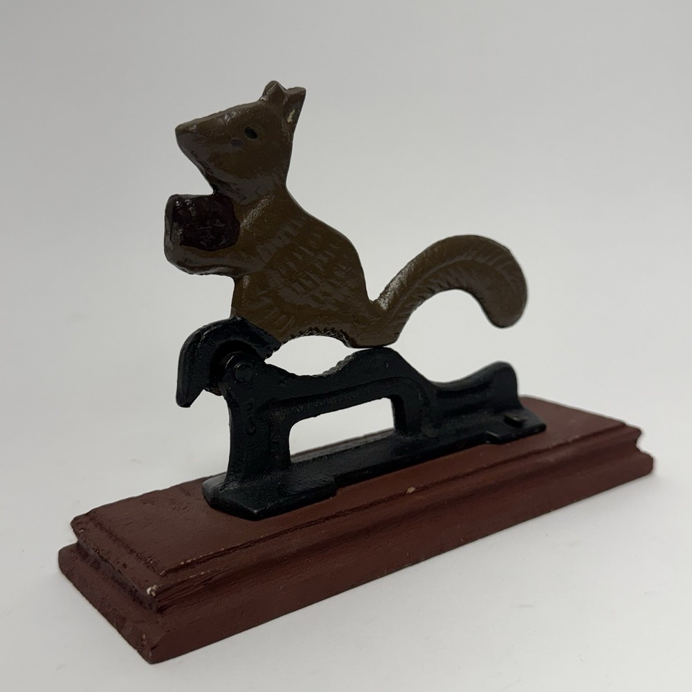 Cast Iron Squirrel Nutcracker on Wood Base Vintage Rustic Cabin Decor