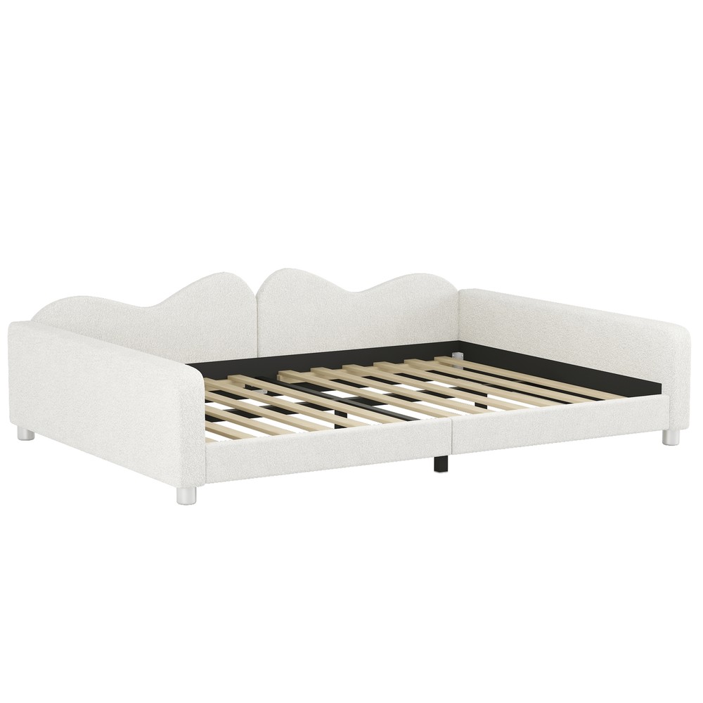 Full Size Upholstered Daybed Sherpa Fabric Sofabed Cloud-Shaped Backrest White