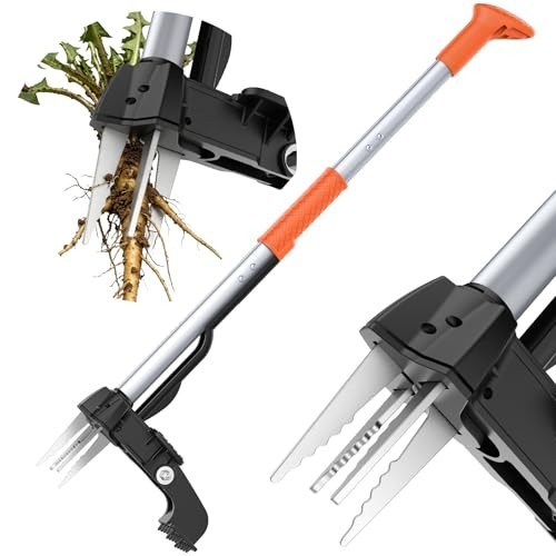 Heavy Duty Stand Up Weed Puller Tool - Long Handle Weeder with 4 Claws, Root Rem