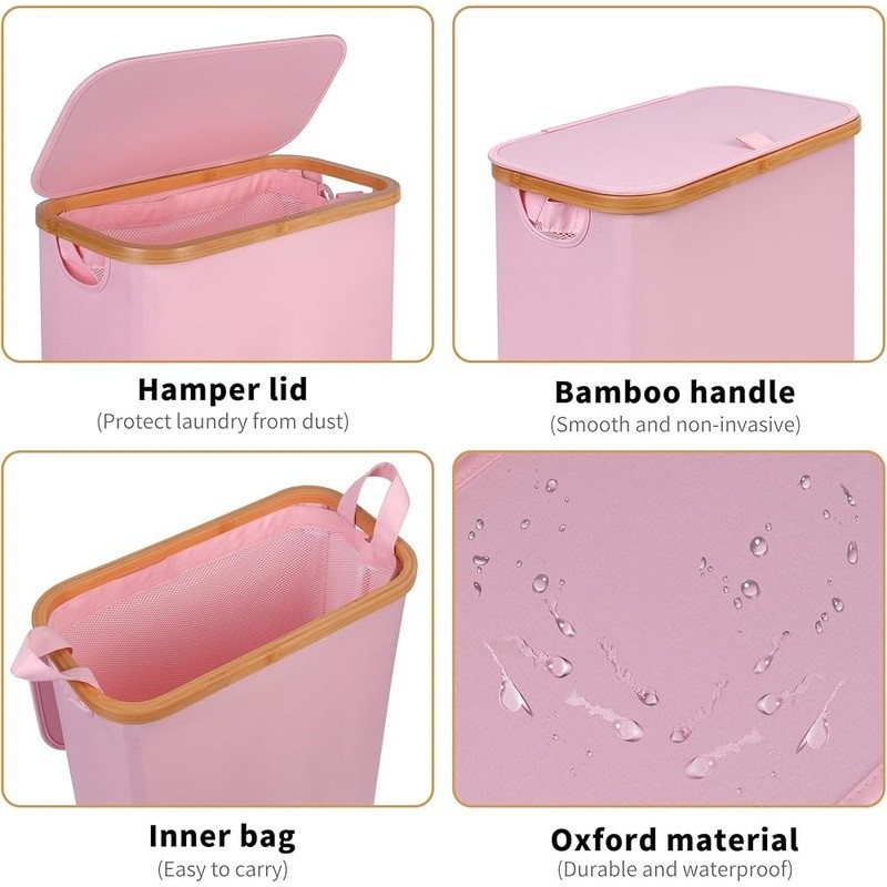 Portable Slim Laundry Basket Foldable Organizer W/ Removable Bag & Bamboo Handle