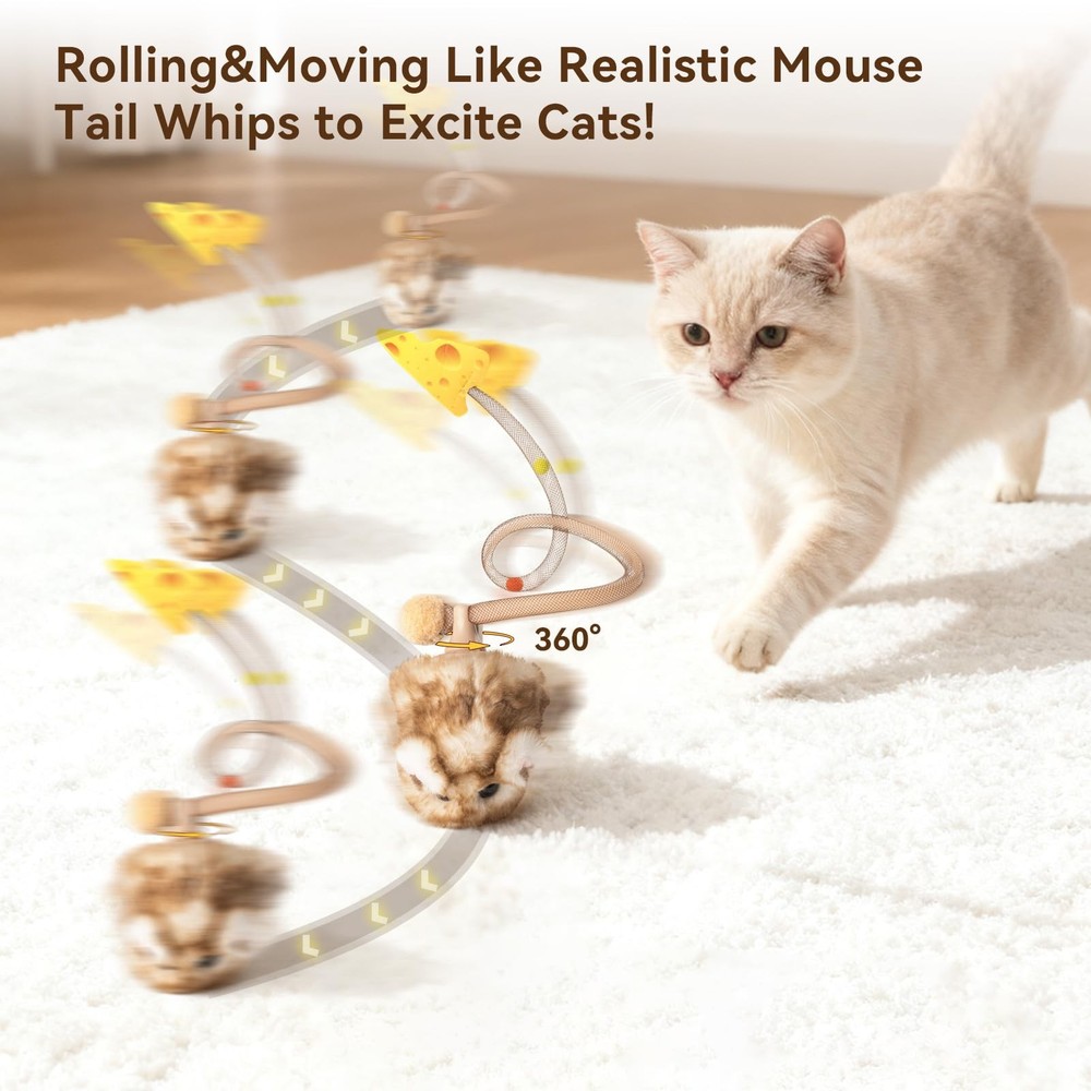 Interactive MigiMouse Cat Toy 360° Rolling & Spin with Mesh Plastic Tail for ...