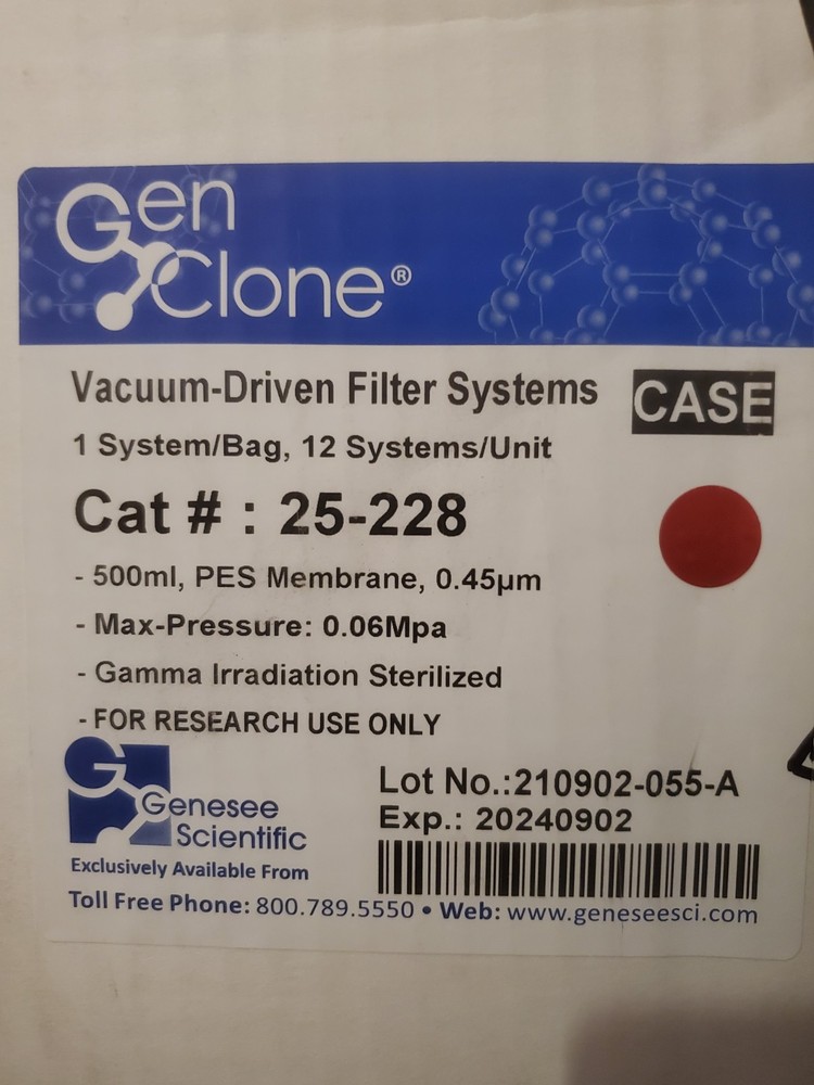 12 Genesee Scientific 25-228 500ml Gen Clone Vacuum-Driven Filter System SEALED