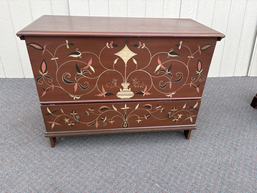 67230 Rustic Primitive Hamd Painted Blanket Storage Chest with Drawer