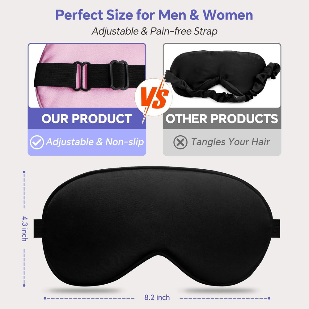 Silk Sleep Mask – 2 Pack Silk Eye Mask for Sleeping, Adjustable Strap, 100% Blac