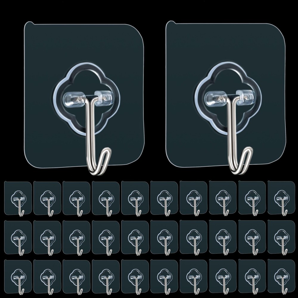 Adhesive Hooks, 32 Pack 33lb(Max) Sticky Hooks, Transparent Reusable Removabl...