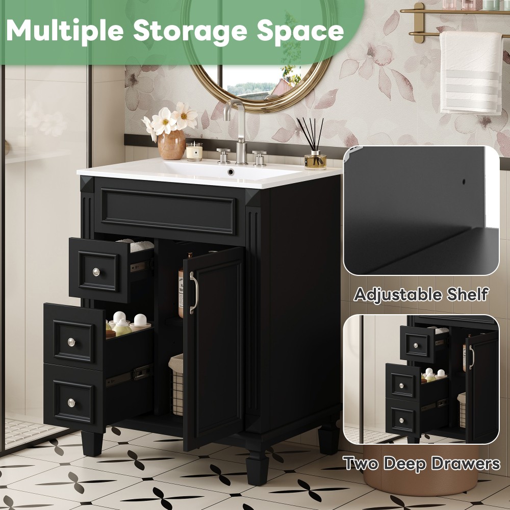 Bathroom vanity W ceramic sink Features two drawers Includes adjustable shelves