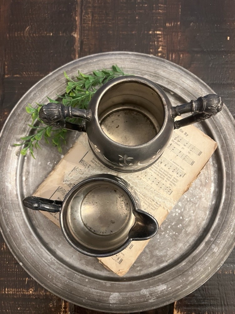 Antique Silver Plate Creamer and Sugar Bowl with Etched Design