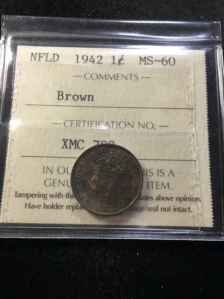 1942  ICCS Graded, Newfoundland  Small One Cent,**MS-60 Brown**
