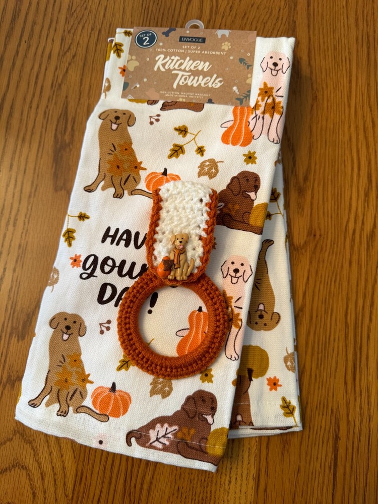 " FALL DOGS" kitchen/ dish towels with crochet ring holder (3 pc set)