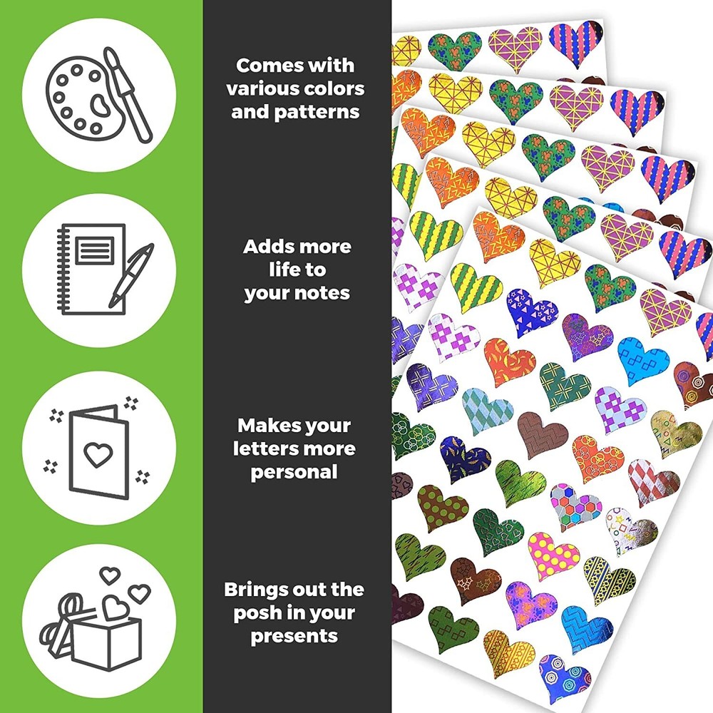 Colorful Heart Sticker Sheets in Assorted Colorful Metallic Patterns 400 Pack