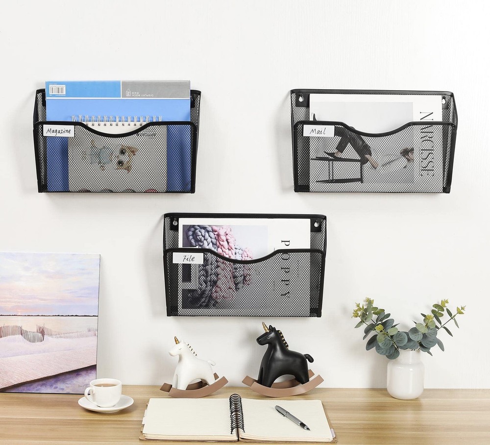 3 Pack Wall File Organizer with Label Panel, Mesh Hanging File Folder Organiz...
