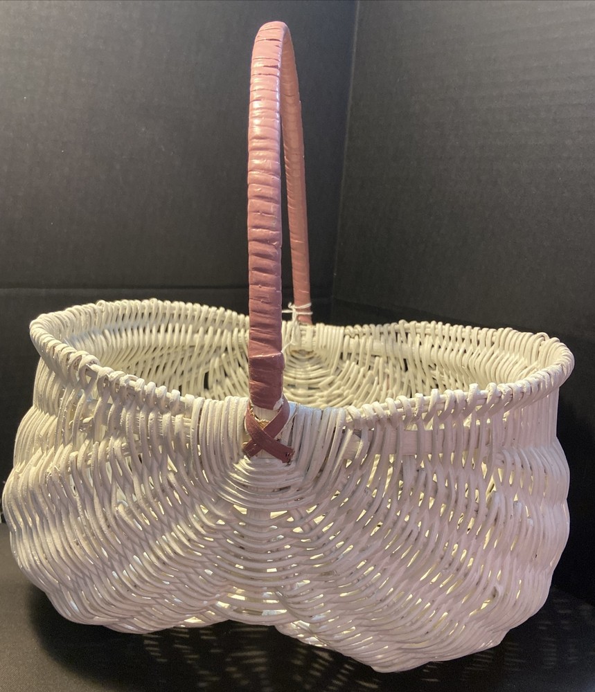 Egg Butt Buttock Basket Hand Painted Decoupage Unique Pastel White Pink 10”x12”
