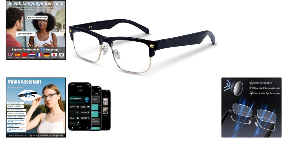 AI Smart Glasses - Real-time Translator for 164 Languages, Bluetooth, Waterproof